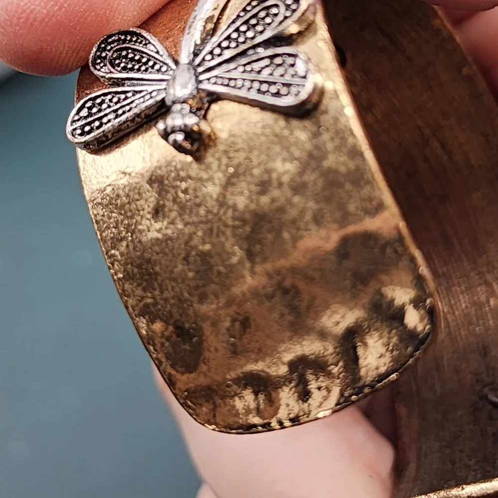 Antiqued Gold Tone Wide Cuff Bracelet Silver Tone Dragonfly Motif Boho Statement